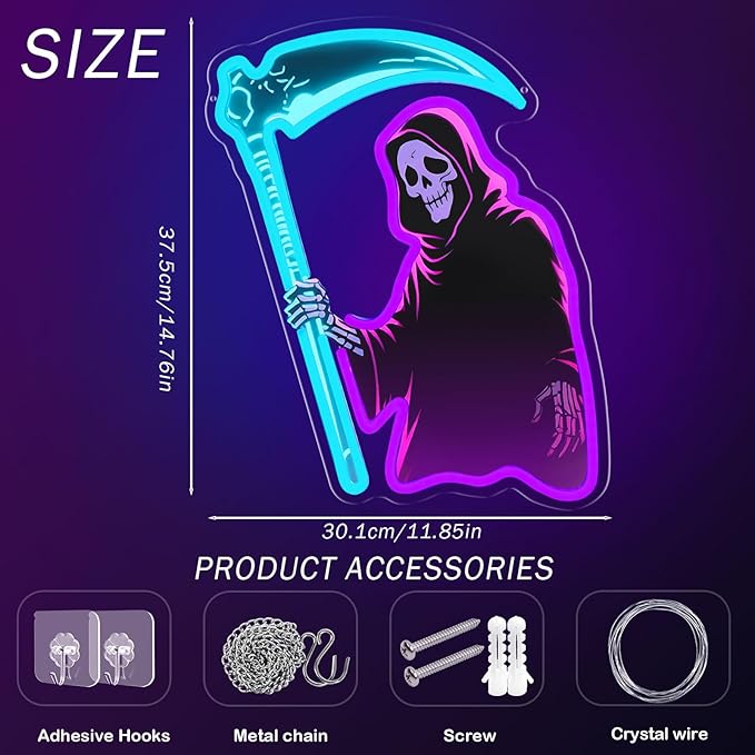 Grim Reaper Neon Sign with Scythe, Dimmable LED Skeleton Neon Light for Wall Decor, Gothic Room, Man Cave, Bar, Game Room Decor Gifts