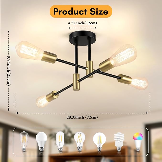 4-Light Modern Black and Gold Sputnik Chandelier | Industrial Semi Flush Mount Ceiling Light Fixture for Kitchen Dining Room Living Room Bedroom Foyer