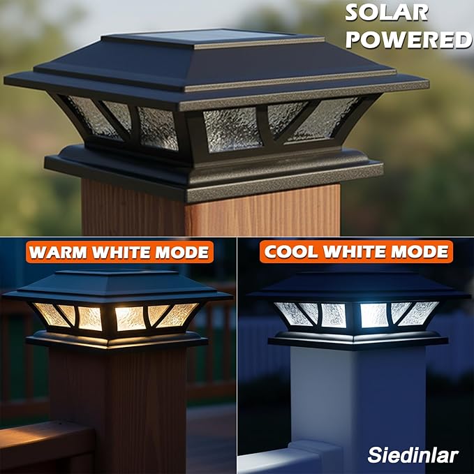 SIEDiNLAR Solar Post Lights Outdoor 2 Modes LED Deck Fence Cap Light for 4x4 5x5 6x6 Posts Patio Garden Decoration Warm White/Cool White Lighting Black (8 Pack)