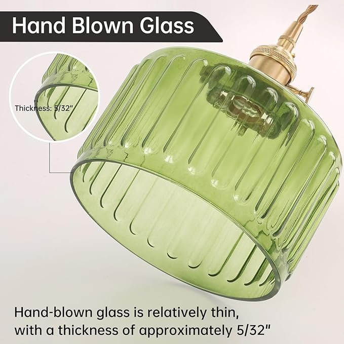 Plug in Pendant Light Hanging Light Fixtures with Plugin Cord On/Off Switch,Green Striped Glass Lampshade Brass Pendant Light