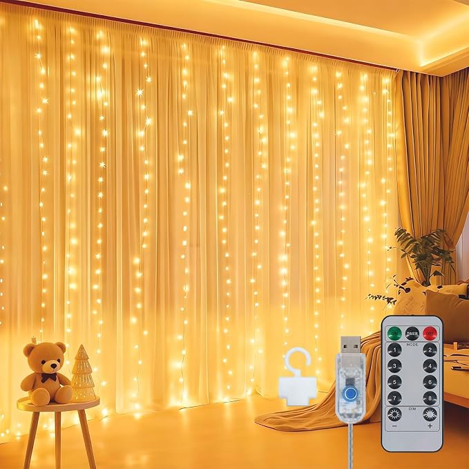 300LED Fairy Curtain Lights 9.8ft x 9.8ft LED Dimmable Twinkle Lights | with Remote and Timer USB Plug in 8 Modes String Lights for Bedroom Indoor Outdoor Party Christmas Decor, Warm White