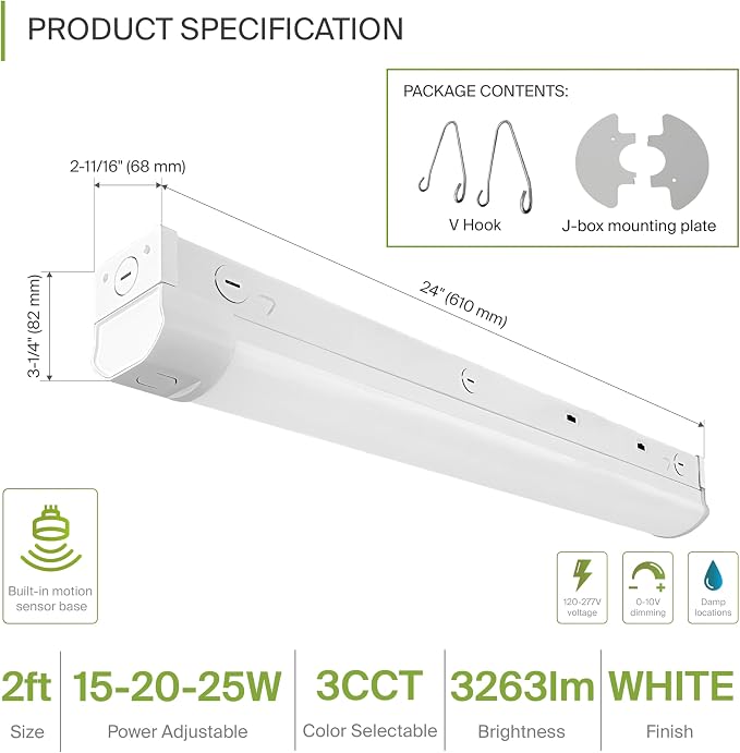 ASD 2ft LED Linear Strip Light Fixture with Q-Base | UL DLC Stairwell Certified Luminaire 15W-25W 120-277V Linkable LED Shop Light | 3000K-5000K Adjustable Commercial Ceiling Fixture, 9 Pack