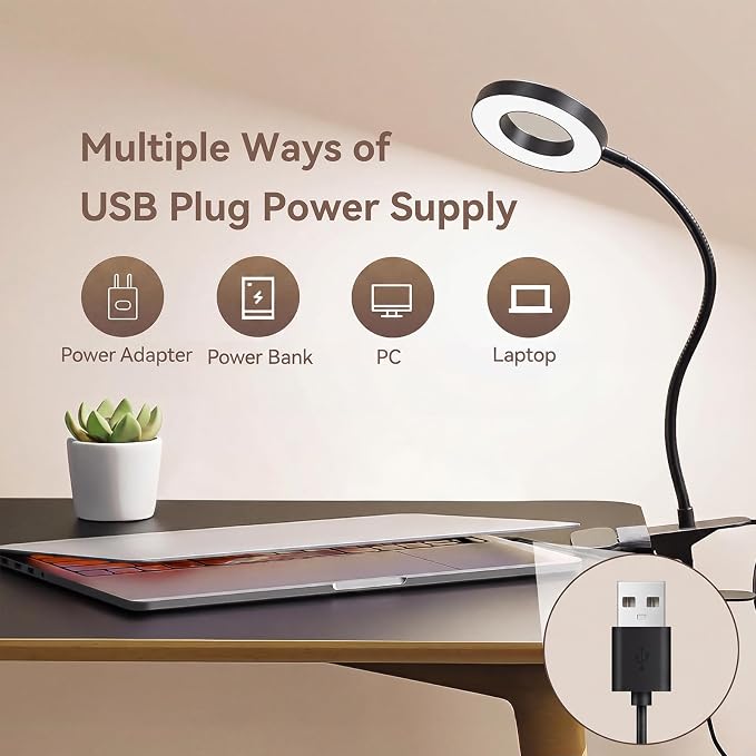2 Pack LED Clip on Desk Lamp, Metal 360 Adjustable Neck | Eye-Caring Clamp Lamp, Memory Function, 3 Color Modes & 10 Brightness Levels, For Home, Office, Dorm, Bedroom