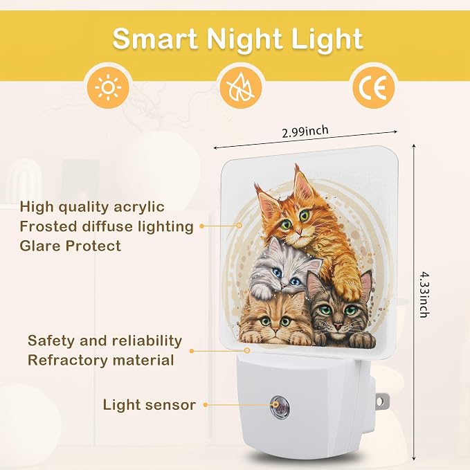 Cute Cats Night Light,Plug in Night Light, Dusk to Dawn Sensor Nightlights for Stairway/Hallway/Kitchen/Bedroom/Bathroom 0.5W
