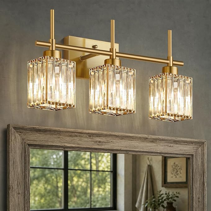 Torondo Modern Crystal Bathroom Vanity Light 3-Light Brushed Gold Bathroom Light Fixtures Over Mirror Brushed Gold Vanity Lighting Fixtures Square Shade Brass Wall Sconce (Bulbs Not Include)