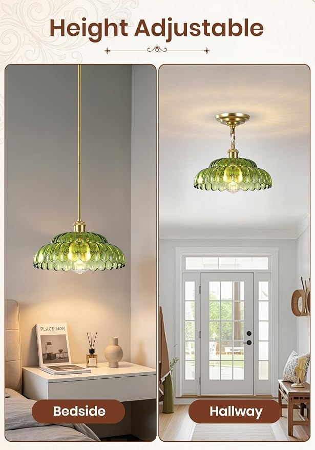 Gold Pendant Light with Glass Shade, Vintage Floral Glass Pendant Lamp for Kitchen Island, Adjustable Hanging Rods Sloped Ceiling Compatible, Living Room Bedroom Hotel-Green