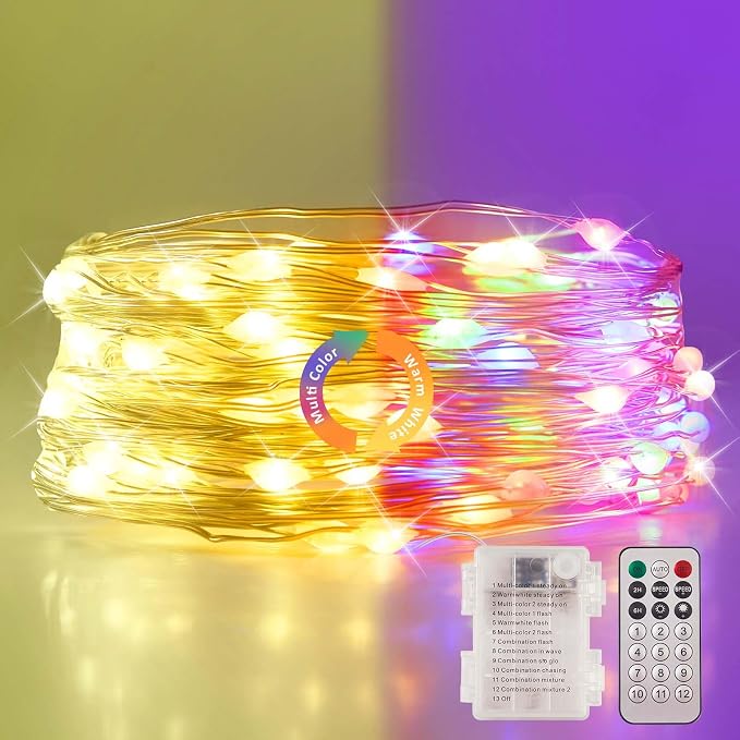 Ariceleo 2 Packs Warm White & Multi-Color Battery Operated String Lights, 5M/16.4ft. 50 LEDs Remote Control Timer 12 Modes Optional Twinkle Battery Powered Fairy Lights Sliver Wire Firefly Lights