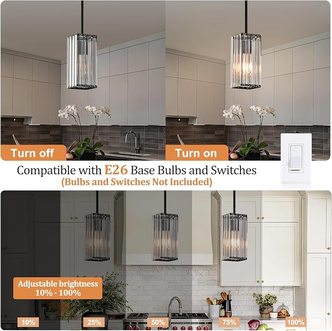 Modern Crystal Pendant Lights Kitchen Island, 2-Pack Black Hanging Light with Crystal Shade, Adjustable Height Pendant Lighting for Kitchen Island Dining Room Bedroom Bar Entryway