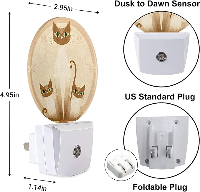 Cat's Family Night Light Cartoon Cat with Kittens Cute Animal Golden LED Dusk to Dawn Plug-in Nightlight Auto Sensor for Bedroom Bathroom Hallway Living Room