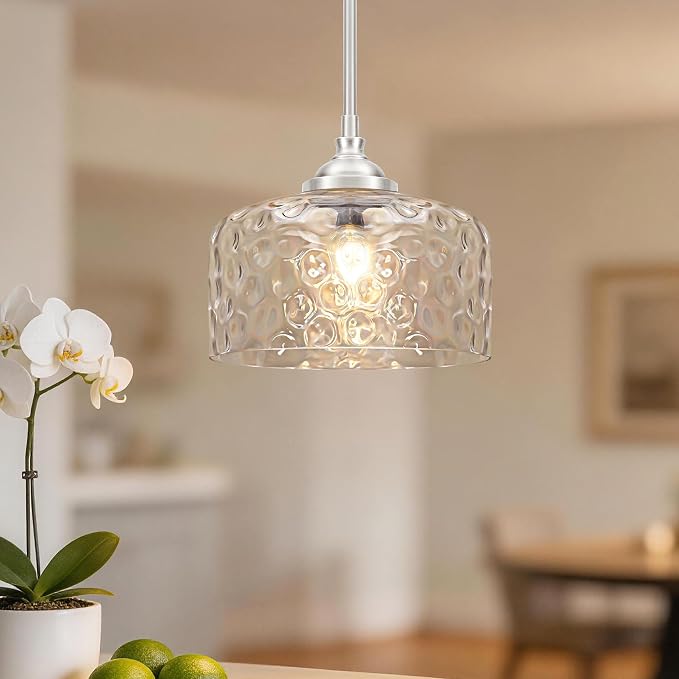 Brushed Nickel Pendant Lights Kitchen Island, Modern Hammered Glass Kitchen Pendant Lighting Over Island, Hanging Bathroom Light Fixtures Adjustable Pendant Light for Hallway Entryway Dining Room