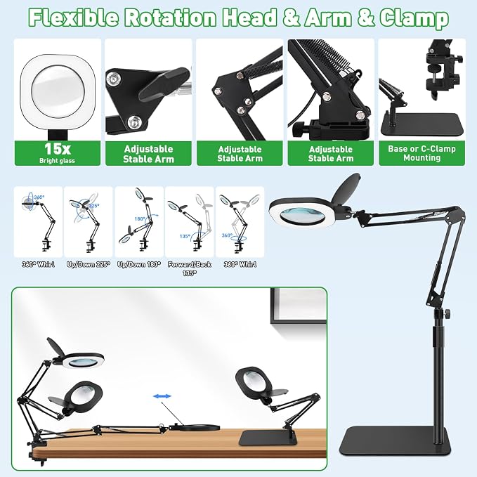 15X Real Glass Magnifying Lamp, 3-in-1 LED Desk Lamp with Base Clamp & Floor Stand, 5 Color Modes Stepless Dimmable, Adjustable Swing Arm, for Repair, Reading,Crafts,Painting