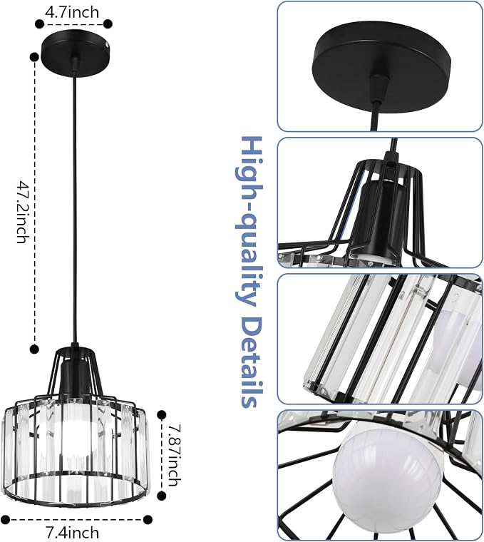 Battery Operated Pendant Lights,Rechargeable Pendant Light with Remote,Crystal LED Pendant Light Fixtures for Kitchen Island,Black Modern Hanging Lights for Bedroom,Dining Room Hallway Entryway