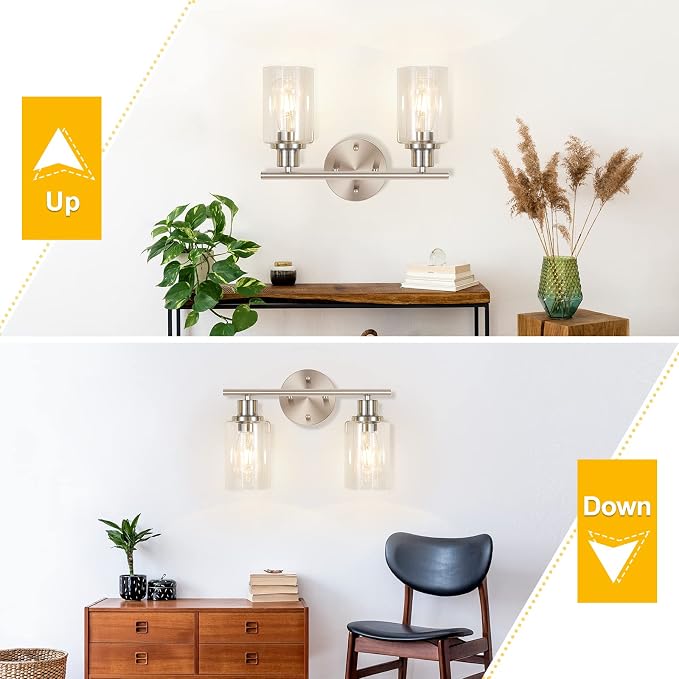 2-Light Wall Light Fixture, Bathroom Vanity Light Over Mirror | Wall Sconce Light Fixture with Clear Glass Shade Brushed Nickel Modern Metal Wall Lights for Hallway Bedroom Living Room