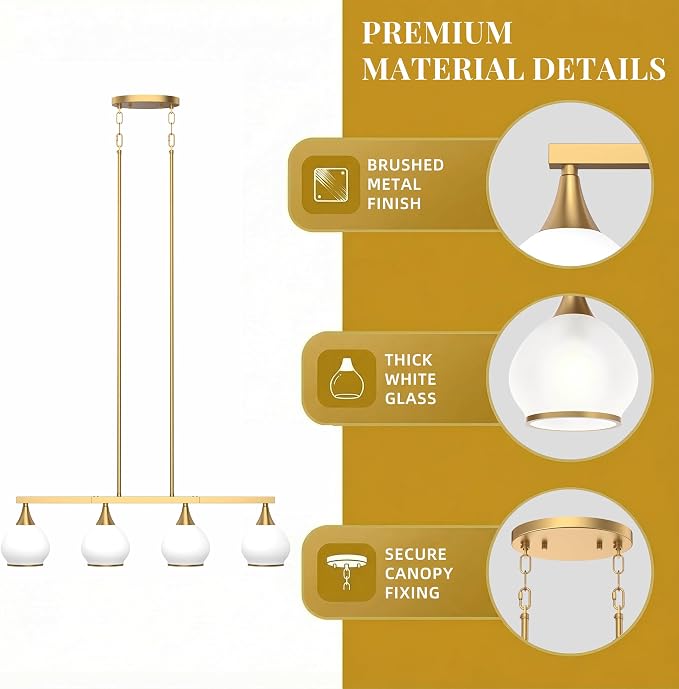 Kitchen Island Linear Pendant Light, 4-Light Gold Dining Room Chandelier with White Glass Globe Shades, Modern Linear Lighting Fixture Over Table