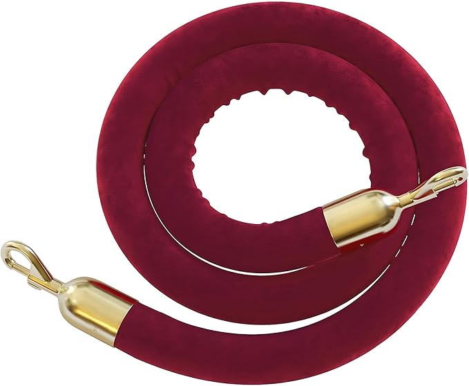 Montour Line Velvet Hanging Stanchion Rope Foam Core, 8 Foot Maroon Rope with Polished Brass Snap Ends