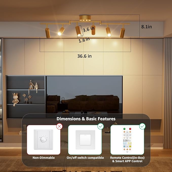 6 Light Heads Gold Track Lighting Kit, 36W CCT 2700K-6000K & Brightness Dimming, Modern LED Ceiling Light Fixture with Flexible Rotatable Heads, APP/Remote/Alexa Control, Gold Kitchen Light Fixture