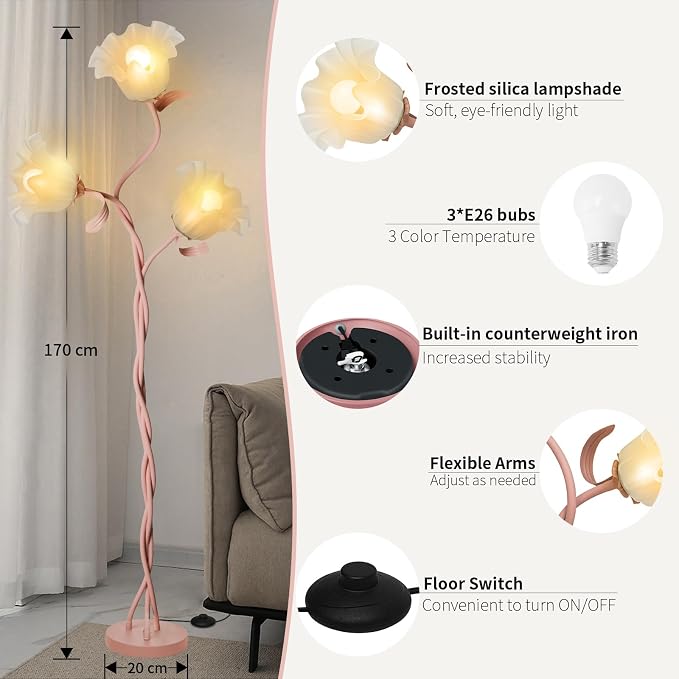 Flower Floor Lamp for Living Room, Tall Standing Reading Lamp with Flexible Neck Shaft for Bedroom Decor, Modern Corner Floor Lamps with 3-Color Temperatures LED Bulb (Pink)