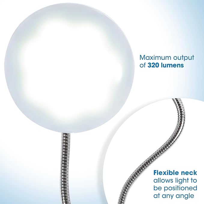 OttLite LED Cone Clip Lamp, Flexible Neck, White | Natural Daylight LEDs | Sturdy Clip | Adjustable Flexible Neck 9"-18.5" | 320 Lumens