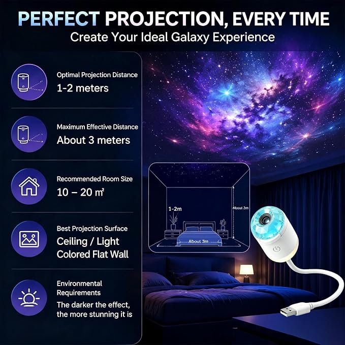 2-in-1 Galaxy Ocean HD Smart Dynamic 5D Holographic Night Light Projector | Plug and Play, USB Portable, Adjustable Brightness, 360° Rotating Design, Star Starry Sky Mini Projector for Bedroom, Blue