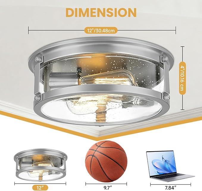 2-Light Brushed Nickel Flush Mount Ceiling Light Fixtures | Seeded Glass, 12 inch Minimalist Close to Ceiling Lighting, For Hallway, Kitchen, Entryway, Bedroom