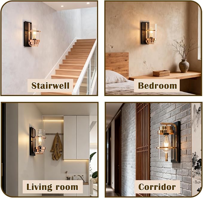 Rose Gold and Black Wall Sconce, Modern Vanity Light Fixture | Hardwired,E26 base,mid-century clear glass sconce for mirror.hallway.bathroom.fireplace