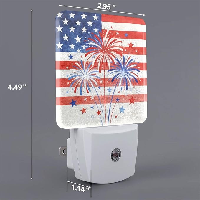 4th of July Patriotic Fireworks Night Light Set of 2 Plug-in | USA Auto Sensor LED Dusk-to-Dawn Nightlights, Sensor Lamp for Bedroom Bathroom Kitchen Hallway Stairs Decorative