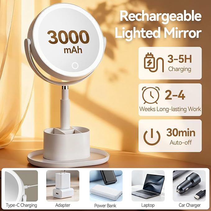 Travel Makeup Mirror with Lights, 1X/20X Lighted Makeup Vanity Mirror with Storage , 2-Sided Height Adjustable Magnifying Detachable Desk Mirror with 3 Color Lights, 360° Rotation & Rechargeable