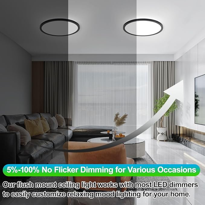 4-Pack LED Flush Mount Ceiling Light Fixture, 12In 24W, 3200LM, Super Slim 0.86 Inch, Dimmable & 2700K-6500K 5 Color Selectable LED Ceiling Lights for Bedroom, Kitchen, Laundry and Closet Room, Black