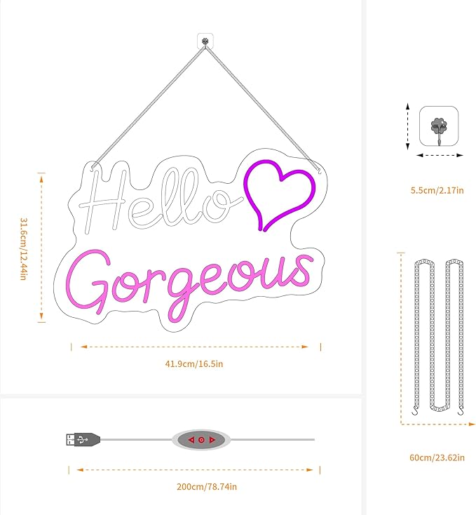 Hello Gorgeous Neon Signs for Wall Decor, for Sign with Dimmable Switch - for Girls Bedroom, Makeup Room Decor Home Wedding Birthday Backdrop (16in White+Pink)
