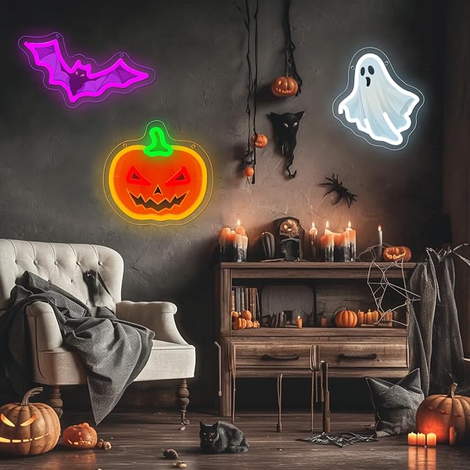 3Pcs Halloween Neon Signs Set Dimmable Pumpkin Ghost Bat Led Neon Light | USB Powered UV-Printed Spooky Neon Light Up Sign for Game Room Wall Halloween Party Presents Holiday Home Decorations