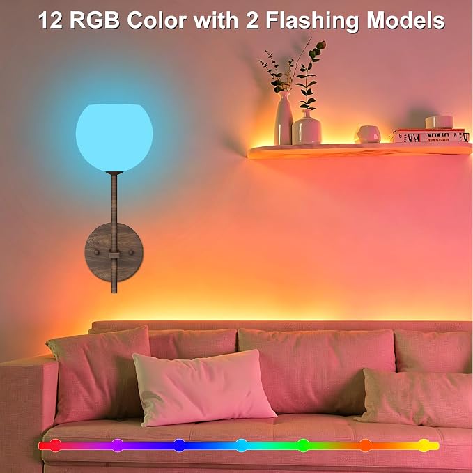 Walnut Grain Battery Operated Wall Sconces Set of 2, Rechargeable Wireless Wall Lights with Milky White Frosted Glass, 12 RGB and 3CCT Dimmable, Wall Lamps with Remote for Bedroom Living Room Hallway