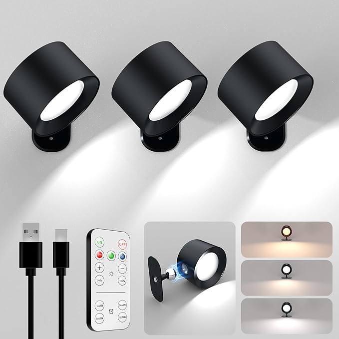 LED Wall Lights with Remote,Rechargeable Wall Mounted Reading Sconces Lamp, 3 Colors & Dimmable Magnetic 360° Rotation Cordless Wall Lighting Spotlights for Bedroom Bedside Hallway (3-Pack)