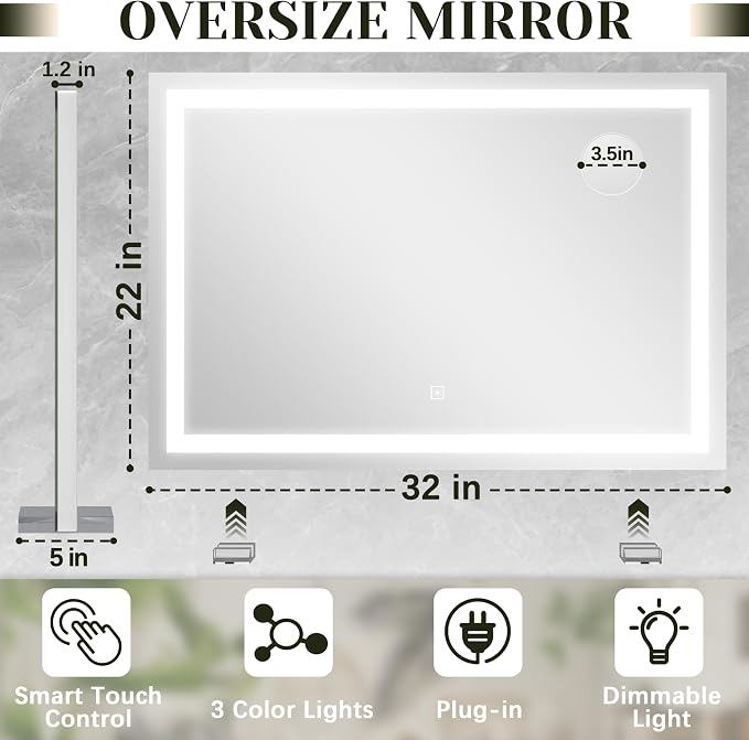 ROLOVE 32x22 Lighted Vanity Mirror, Wall-Mounted, Detachable 10X Magnifier | LED Makeup Mirror, 3 Color Modes, Stepless Dimming, Touch Control, Plug-In Design, Tabletop Use, Even Lighting