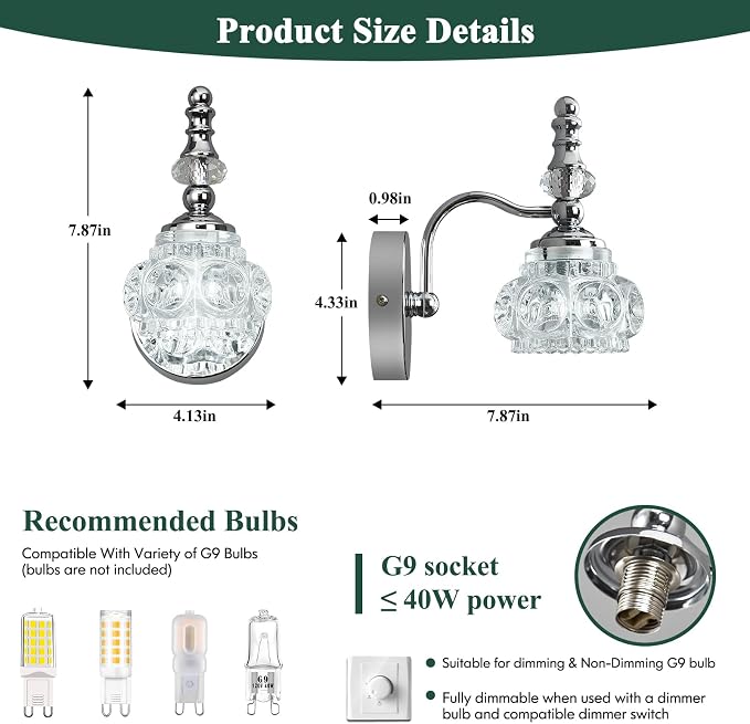 Modern Wall Sconces Set of Two Indoor Lamp Chrome Vintage Glass Light Bathroom Vanity Fixture Wall-Mounted Room Lighting