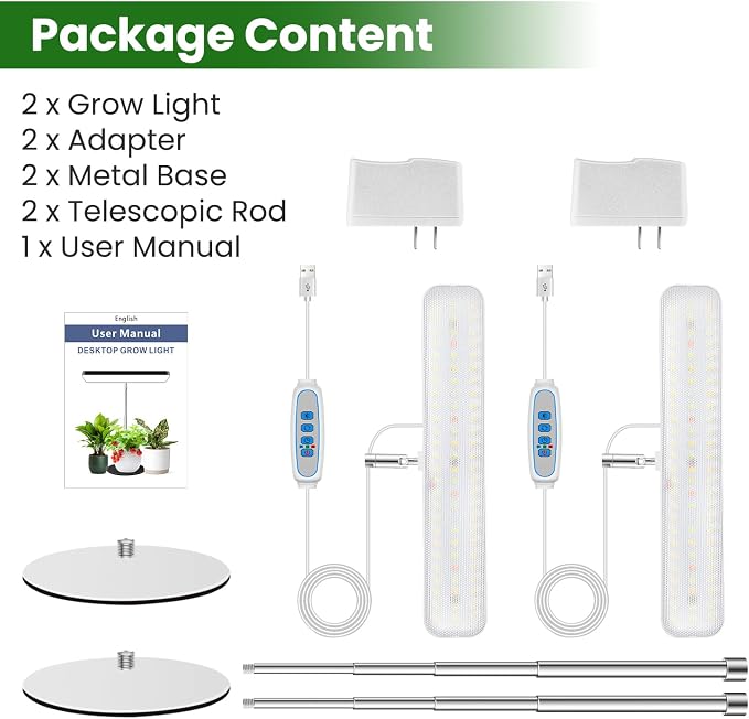 Aumtrly Plant Light White 2 Pack, Desk LED Grow Lights for Indoor Plants | Freestanding Base, 26" Adjustable Height, 6/12/16H Auto Timer, 5 Brightness Levels, Full Spectrum for Seedlings & Plants