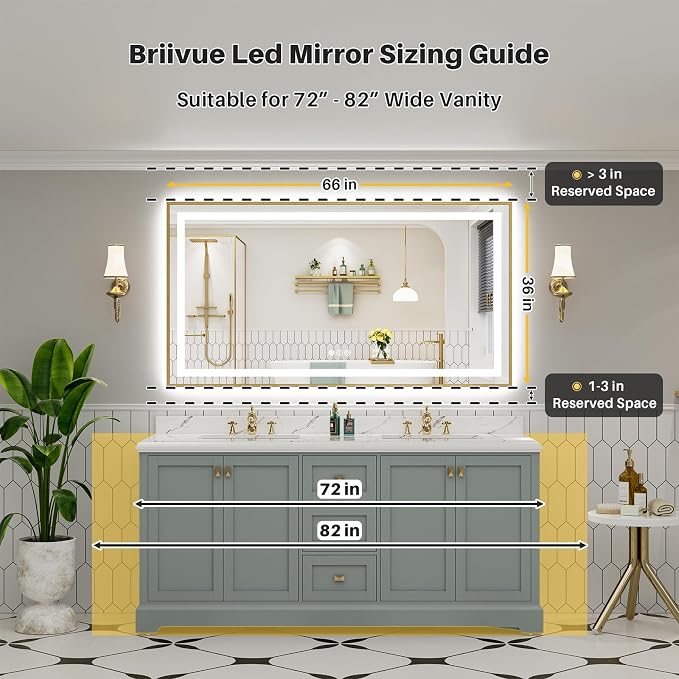 66x36 Inch LED Bathroom Mirror with Gold Frame, Backlit & Front Lit | Anti-fog, 3 Color Dimmable, Memory Function, HD Reflection Tempered Glass, ETL Listed, IP54 Waterproof
