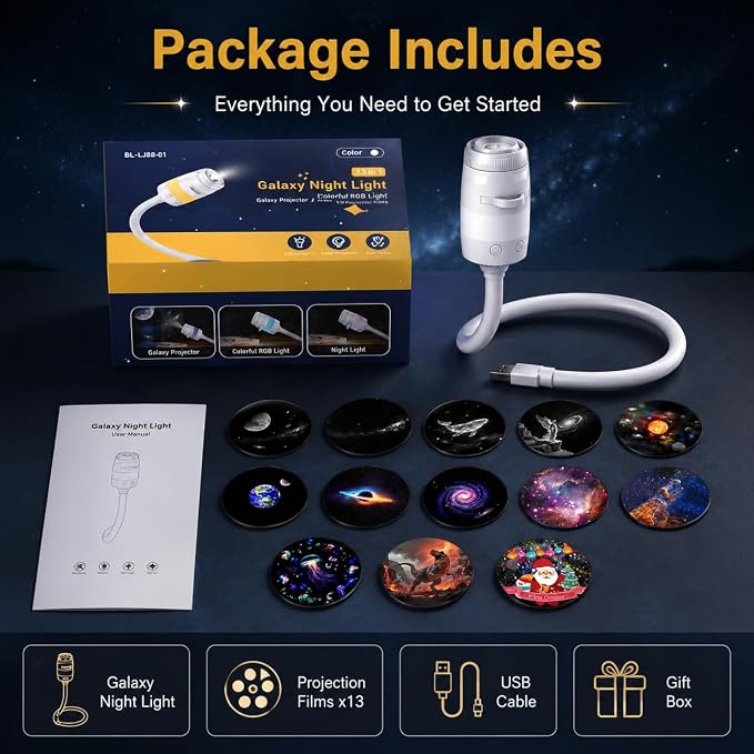 Galaxy Star Projector Night Light, 2-in-1 Multicolor LED Starry Lamp with 13 Films, 360° Rotatable Adjustable Brightness USB Portable Light for Kids Adults Bedroom Ceiling Car Decor Birthday Gift