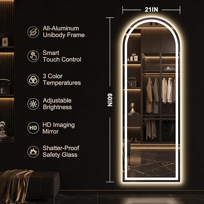 LED Arched Full Length Mirror, 60"x21" Full Body Mirror with Lights, Dimmable & 3 Color Lighting, Standing/Leaning/Wall Mounted Vanity Mirror for Bedroom, Dressing Room, Living Room