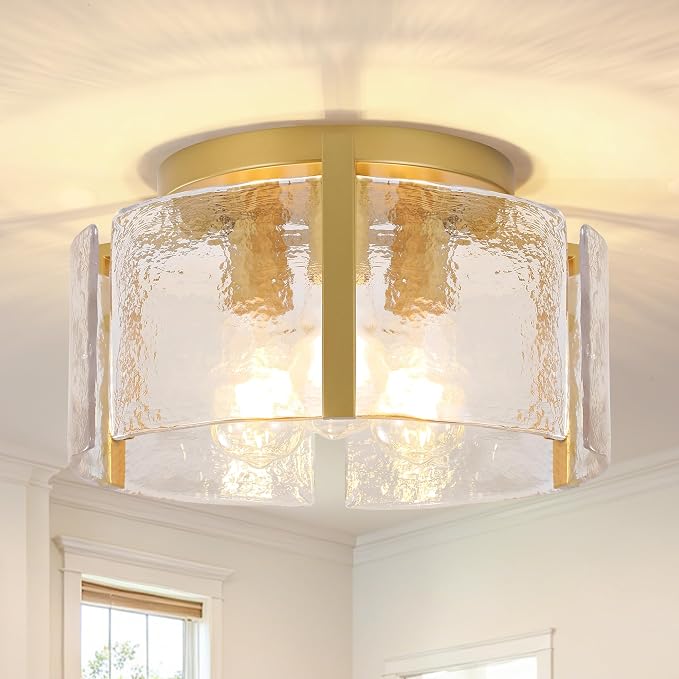 15" Gold Semi Flush Mount Ceiling Light, 3-Light Modern Drum Glass Dining Light Fixture, Dimmable Ceiling Mount for Hallway Entryway Foyer, Kitchen Over Island, Bedroom Bathroom Laundry Room Farmhouse