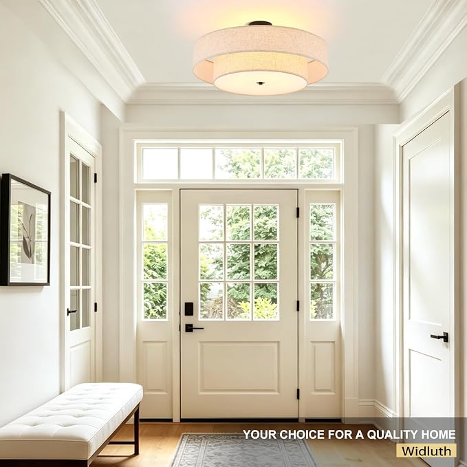 25.6" Black Semi Flush Mount Ceiling Light，5-Light Linen Shade | Large Modern Fabric Drum Light Fixture，E26 Base for Living Room ,Bedroom ,Kitchen ,Dining Room ,Hallway,Closet,Laundry Room