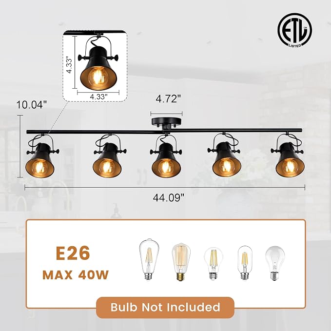 44" Farmhouse Track Lighting Fixtures Ceiling Black Track Light 5 Light | Rustic Track Light for Kitchen Bar Closet Living Room Spotlight,Directional 270°Rotatable Light Head