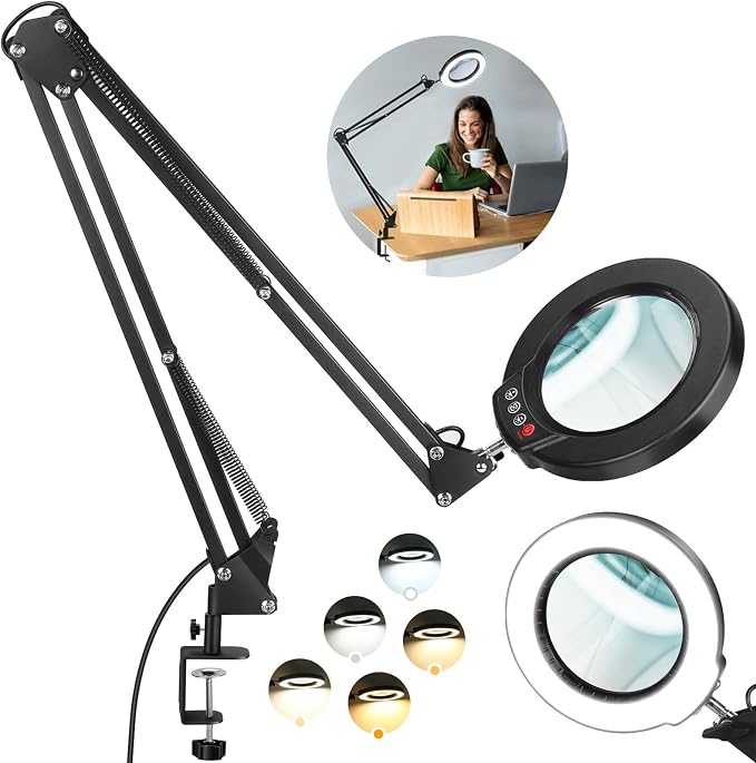 12X Large Magnifying Glass with Light and Clamp, Real Glass, 5 Color Modes, Stepless Dimmable, 2 x 16 Inch Adjustable Swing Arm Stand Desk Lamp, LED Lighted Magnifier Hands Free for Close Work, Hobby