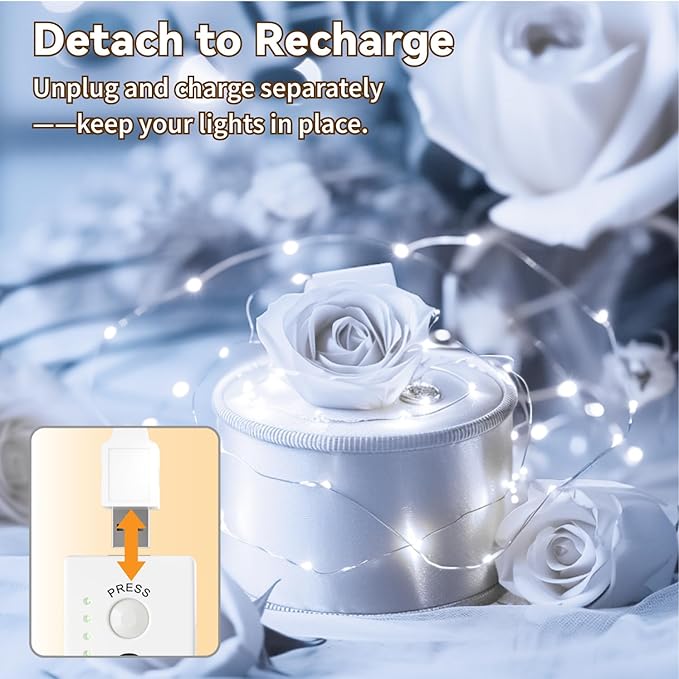 ZSJWL Rechargeable Fairy Lights with DIY Timer & 8 Modes, 16FT 50LED String Lights Battery Operated Indoor, Twinkle mini Lights for Bedroom Christmas Wedding Centerpiece Decor (White)