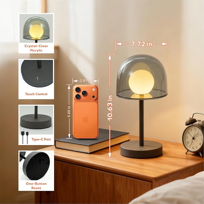 LED Modern Lamp, Small Mushroom Lamp Cordless, Unique Decor Light | Rechargeable Mushroom Desk Lamp Dimmable, IP44 Bathroom Lamp Countertop, Mini Bedside Wireless Lamp for Living Room (Grey)