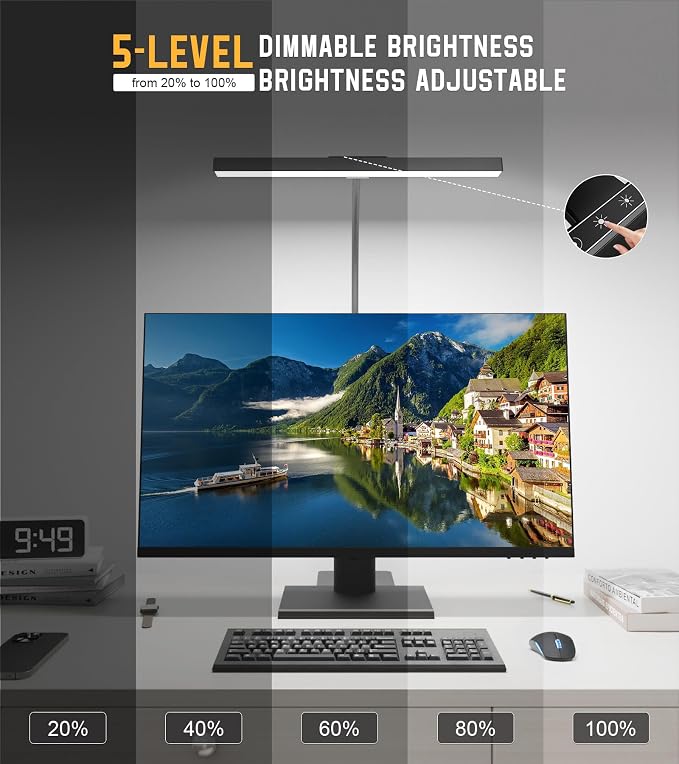 LED Desk Lamp for Home Office with Base, Eye-Caring Desk Light 12W | Tall Lamp for Computer Monitor Task Reading, Adjustable Gooseneck, 5 Dimmable Brightness & Color, USB Touch Control, Timer