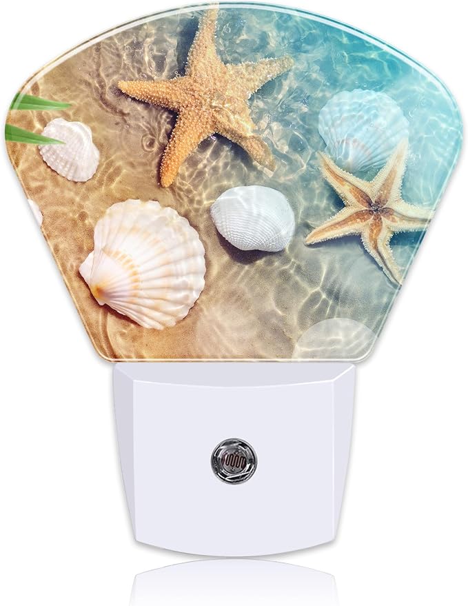 Starfish and Seashell Night Light for Kids, Beach in Sea Water LED Night Light Plug into Wall with Dusk to Dawn Sensor for Girls Boys Women Men Room, Hallway, Kitchen, Bathroom, Stairs Decor