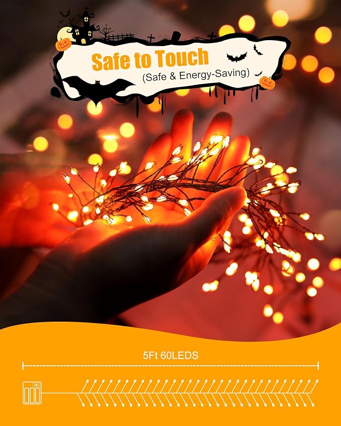 Minetom Fairy Lights Battery Operated, String Lights Waterproof Silver Wire 5 Feet 60 Led Firecracker Starry Lights for DIY Wreath Home Party Bedroom Mason Jar Indoor Halloween Decoration, Orange