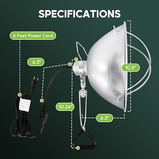 HealSmart 10.5" Clamp Light Socket and Bulb Guard, 250-Watt Maximum with 6 Feet 18/2 SPT-2 Cord, Aluminum Reflector E26 (no Bulb Included), for Reptiles and Plants Growing, (Pack of 1)