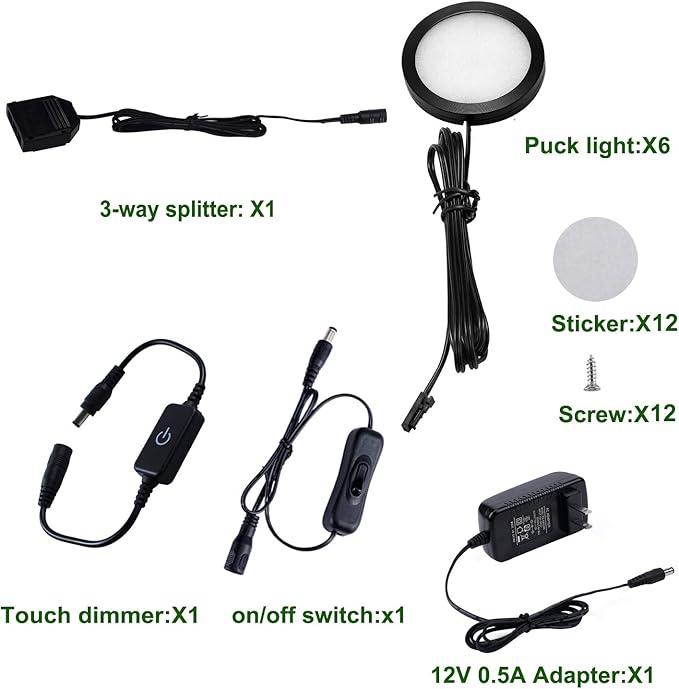 AIBOO Under Cabinet LED Black Cover Puck Lighting Kit with Touch Dimmer Switch for Kitchen Cupboard Closet Lighting (6 Lights,Daylight White)