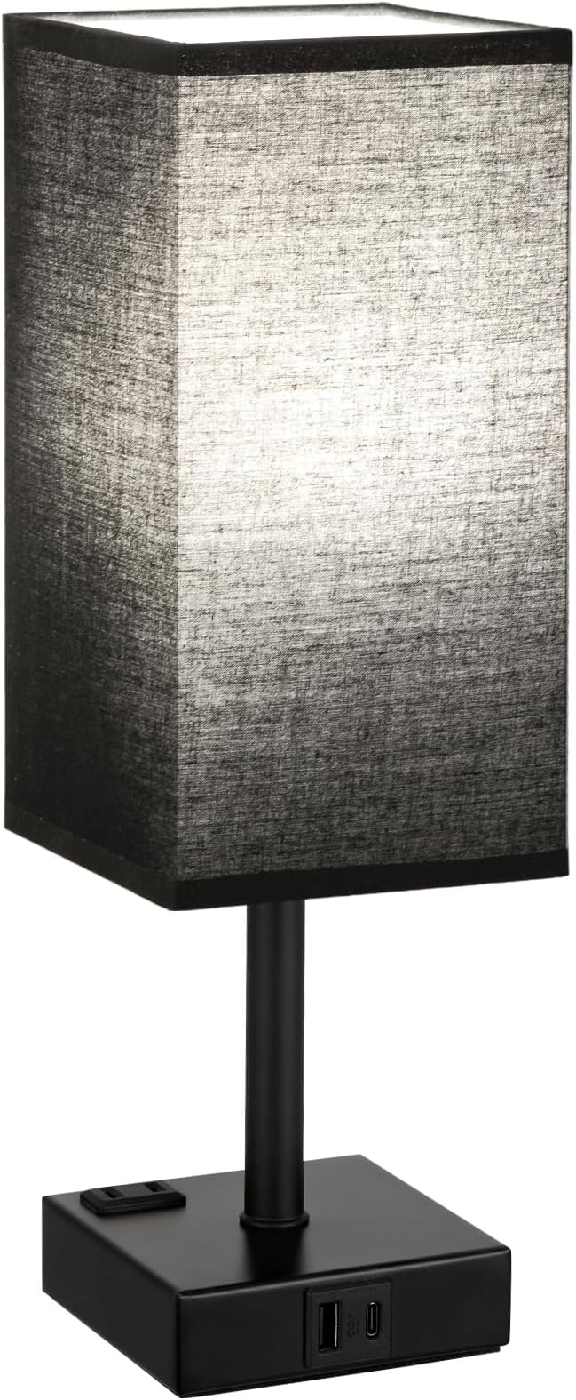Black Bedside Table Lamp for Bedroom - Dimmable Touch, USB C+A, AC Outlet | 3-Way Dimming, 5000K Daylight Bulb Included, Nightstand Lamp with Square Linen Shade, Small Room Decor for Men, Boys, Desk